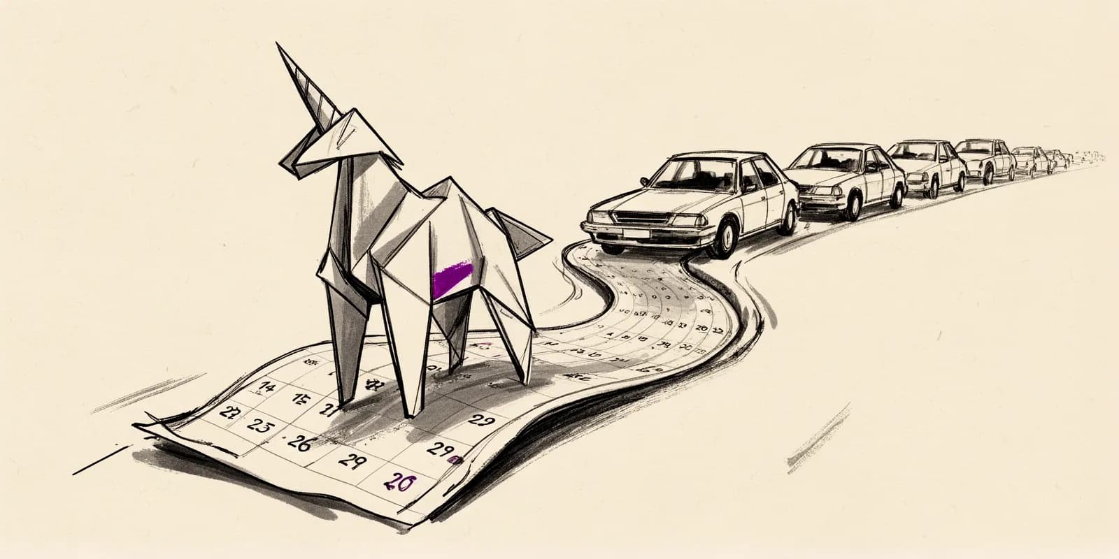 Origami-Einhorn vor einer Reihe Autos als Symbol für das Auto-Abo-Unicorn FINN