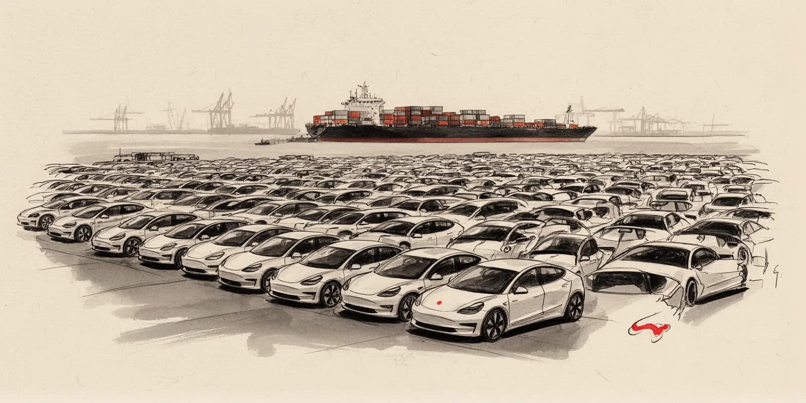 Chinesische E-Auto-Exporte auf einem Hafengelände mit tausenden Fahrzeugen