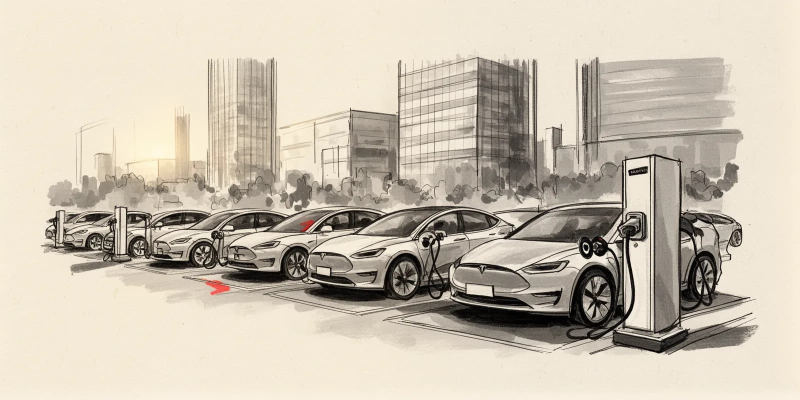 Elektroautos einer Firmenflotte laden an Ladestationen vor einem Bürogebäude