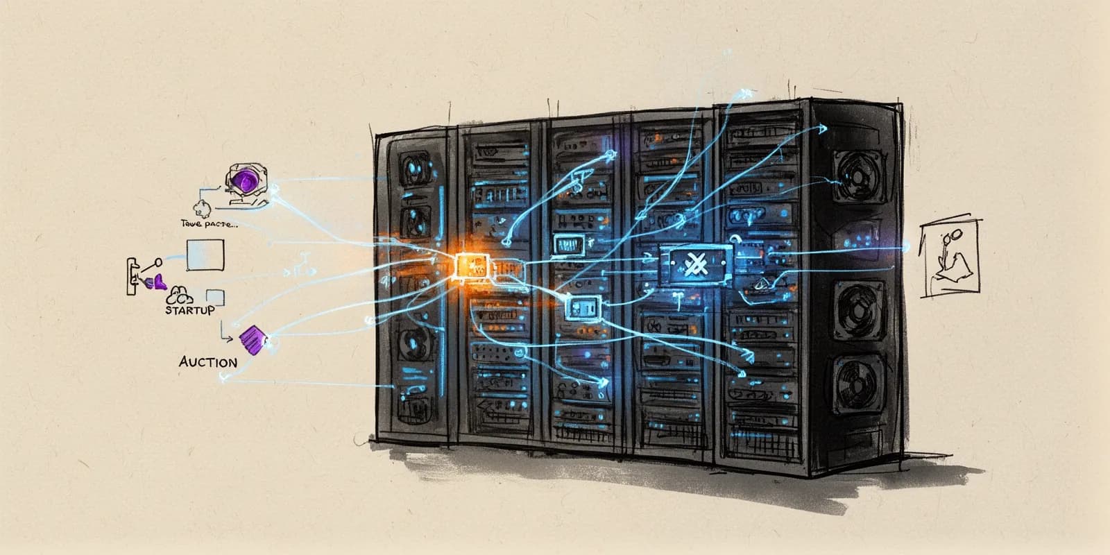 Digitale Grafik zu GPU-Marktplaetzen fuer KI-Startups mit vernetzten Rechenzentren