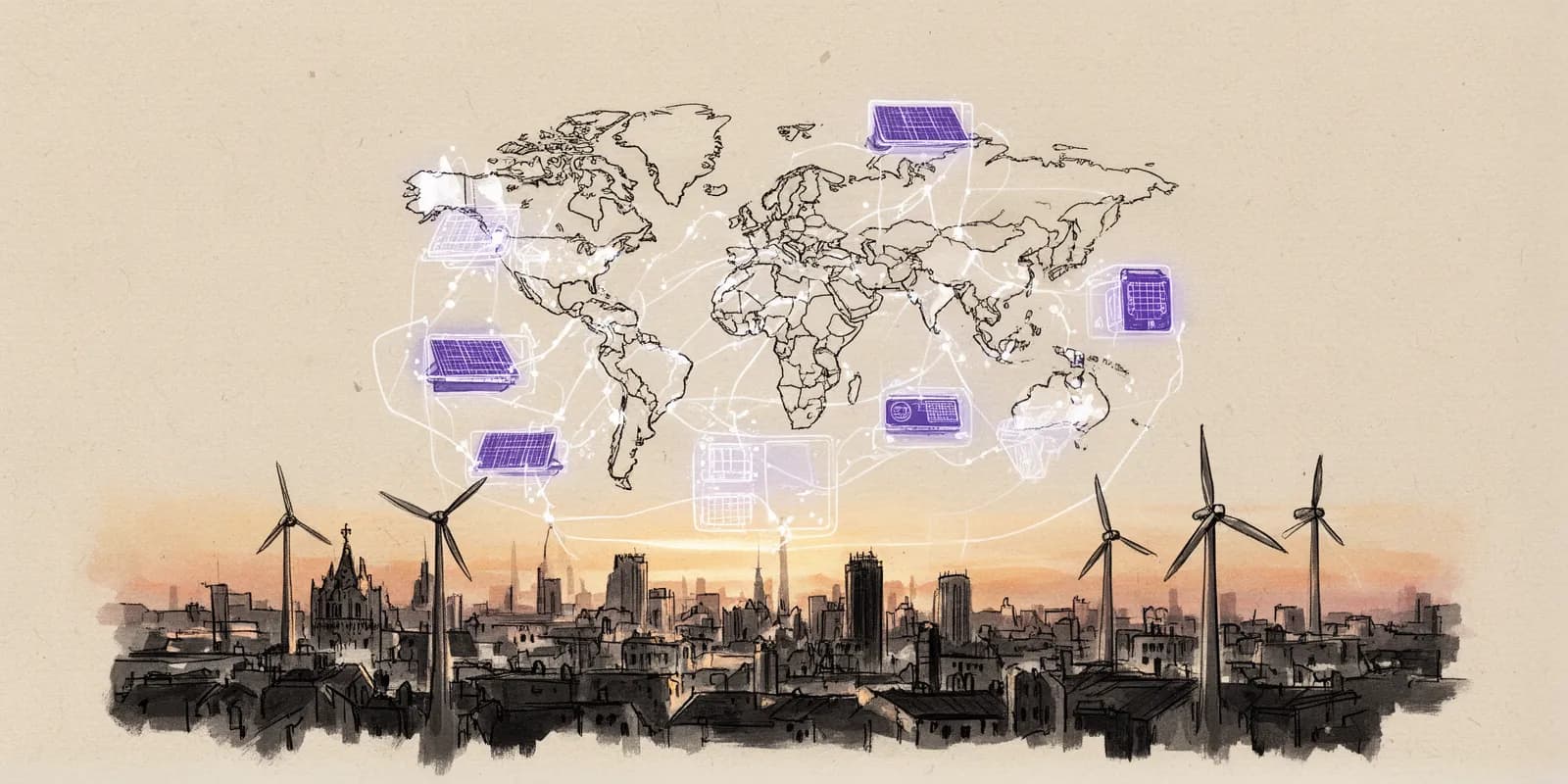 Digitale Visualisierung eines europaeischen Energienetzes symbolisiert Cleantech-Finanzierung und Gridcog