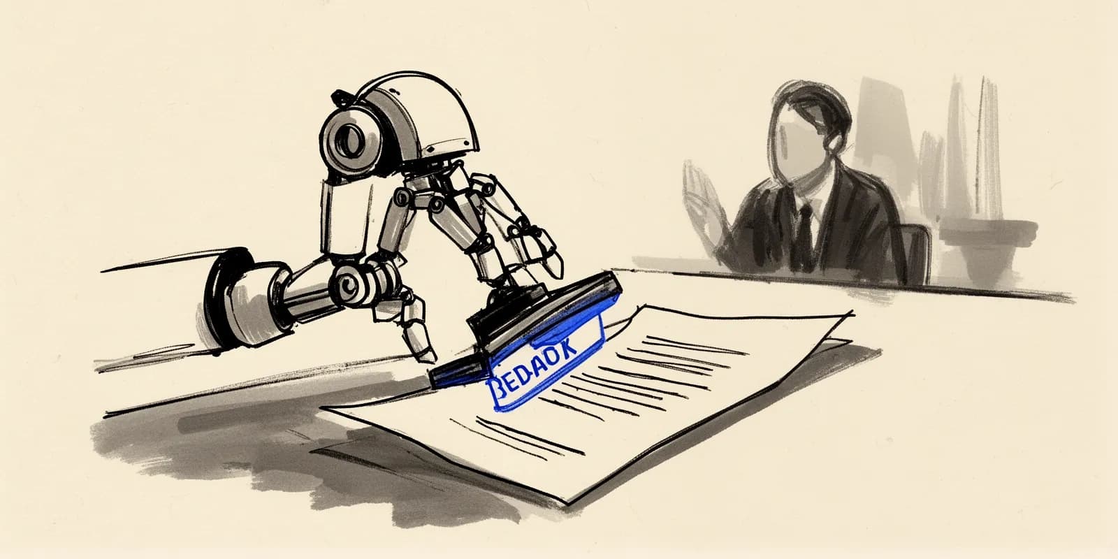 Roboterhand stempelt Kündigungsschreiben als Symbol für Meta KI-Kündigungen
