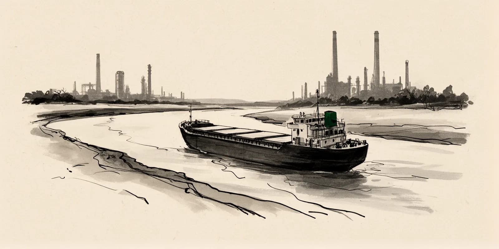 Niedrigwasser am Rhein mit teilweise auf Grund liegendem Frachtschiff vor Industriekulisse