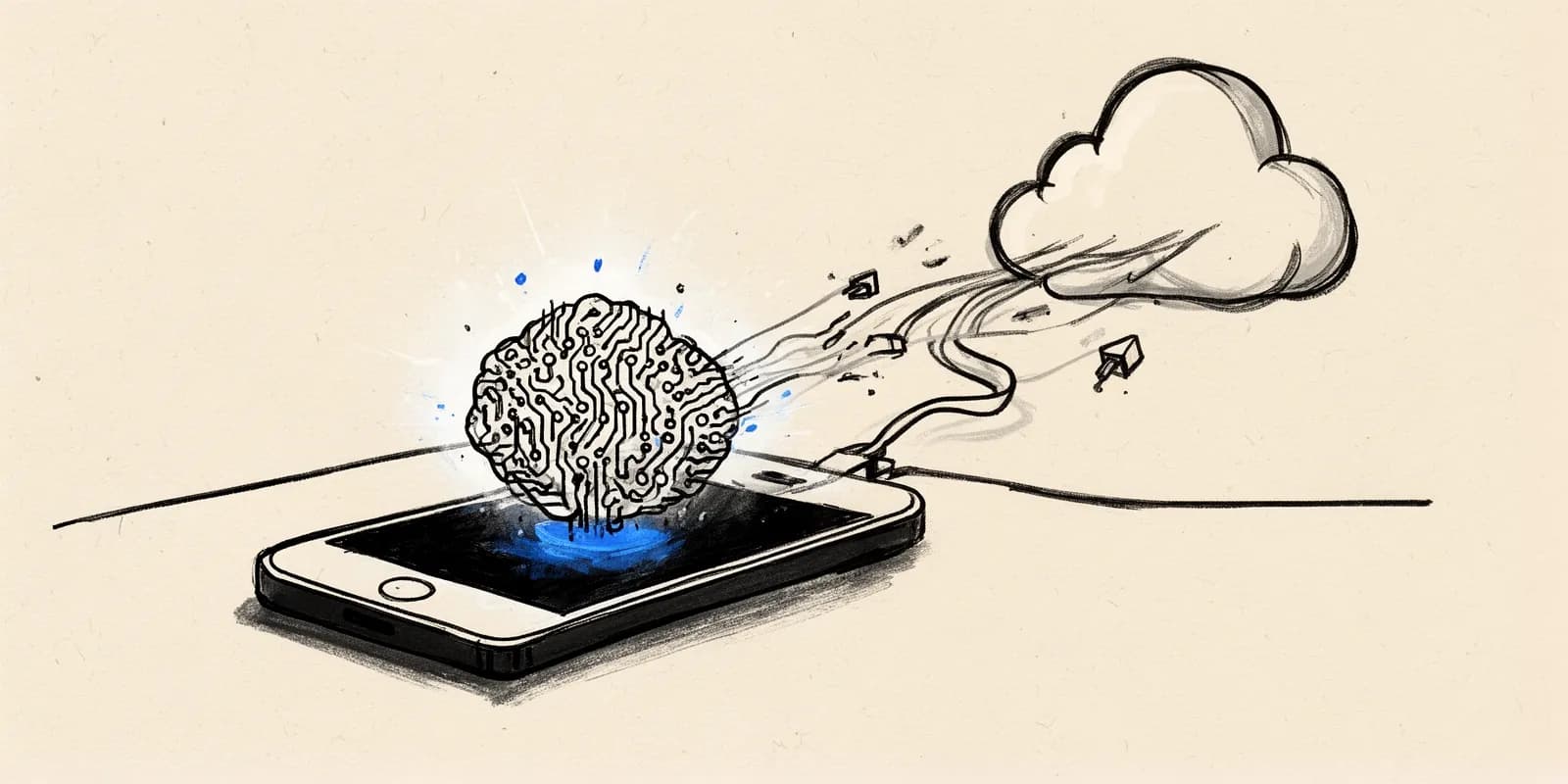 Smartphone mit Schaltkreis-Gehirn als Symbol für On-Device-KI ohne Cloud
