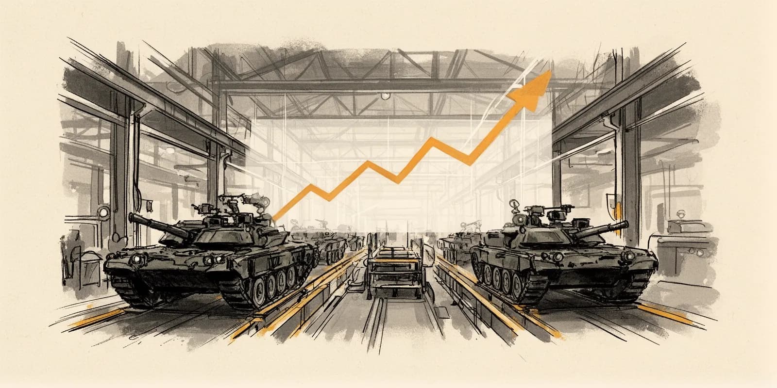 Rheinmetall Produktionshalle mit Ruestungsfahrzeugen und symbolischer Wachstumskurve