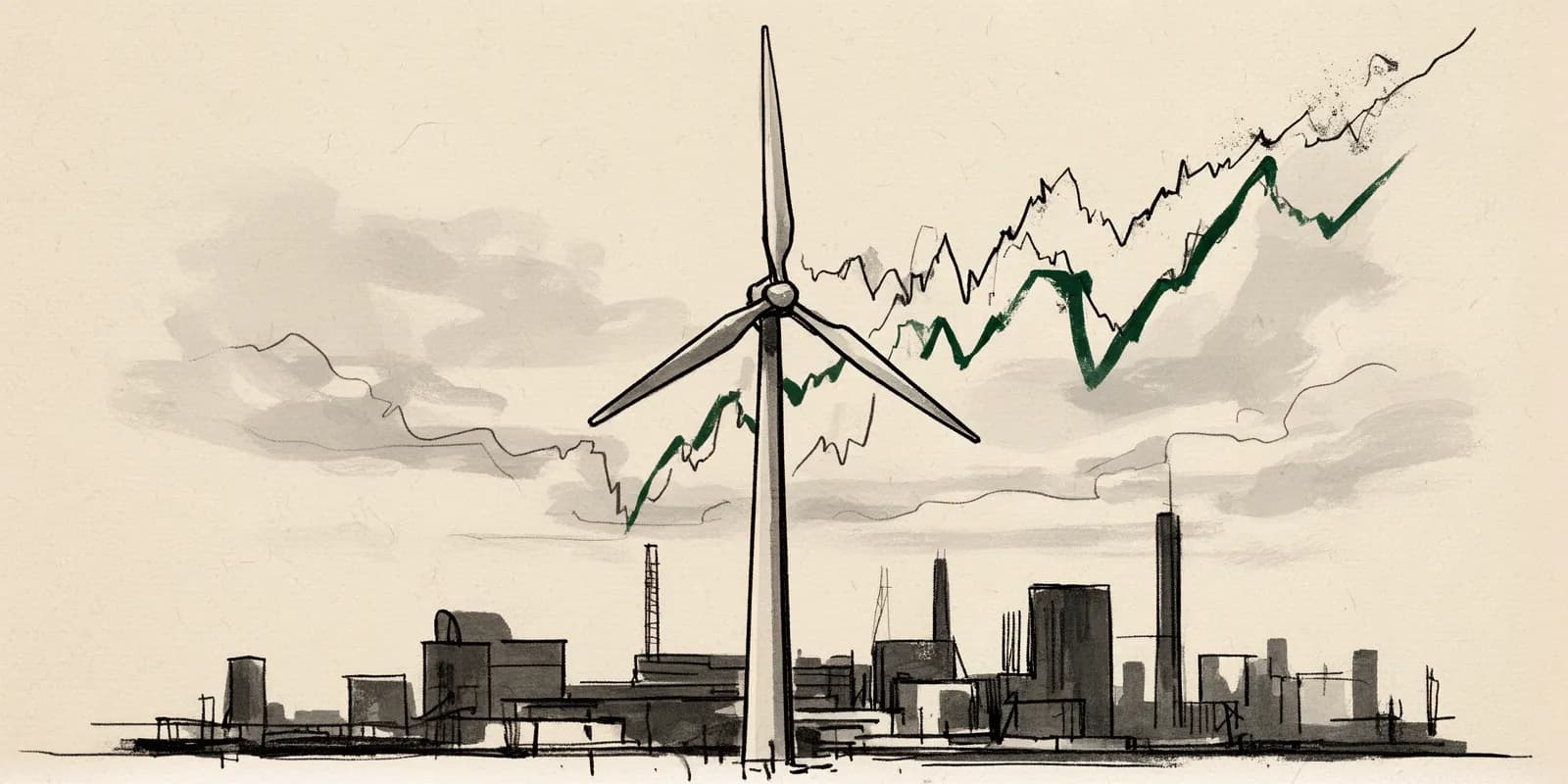 Siemens Energy und die Krise der deutschen Energiewende symbolisiert durch fallende Kurve über einer Windturbine