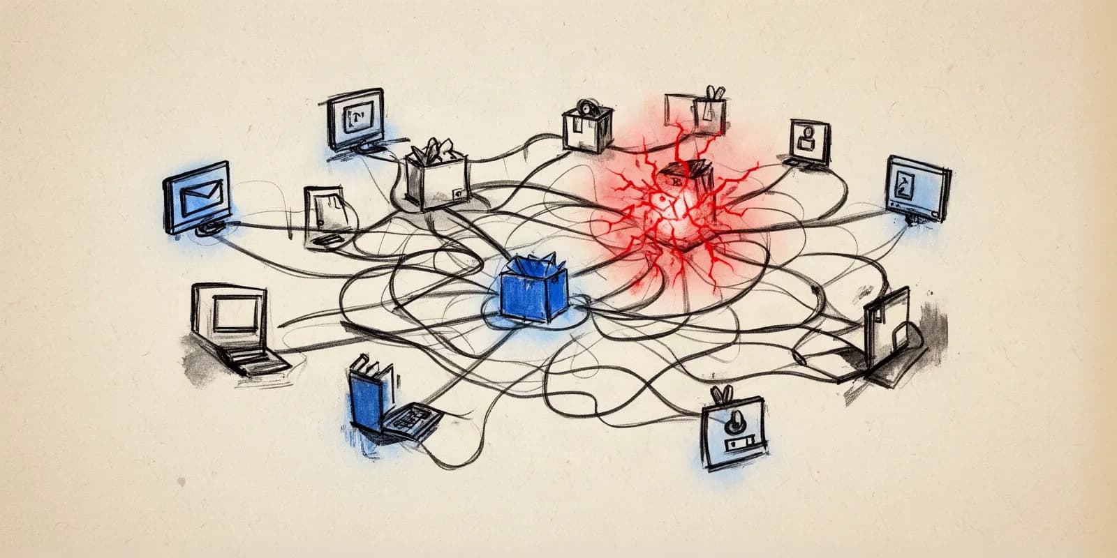 Visualisierung eines Wurmangriffs auf npm-Pakete in einem digitalen Netzwerk