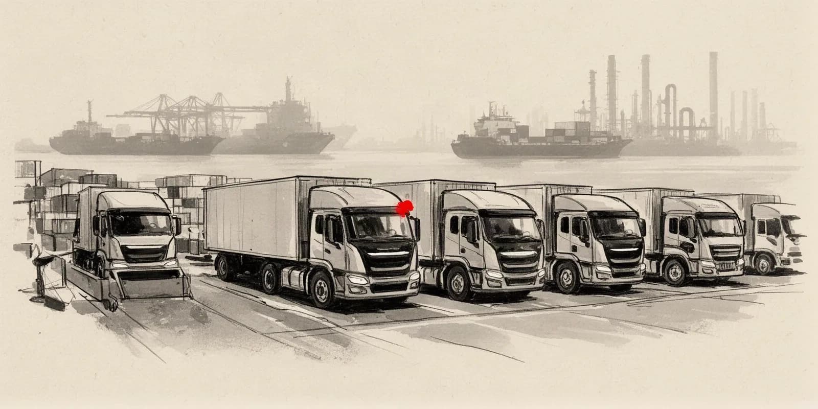 Chinesische E-Lkw werden für den Export an einem Hafen verladen