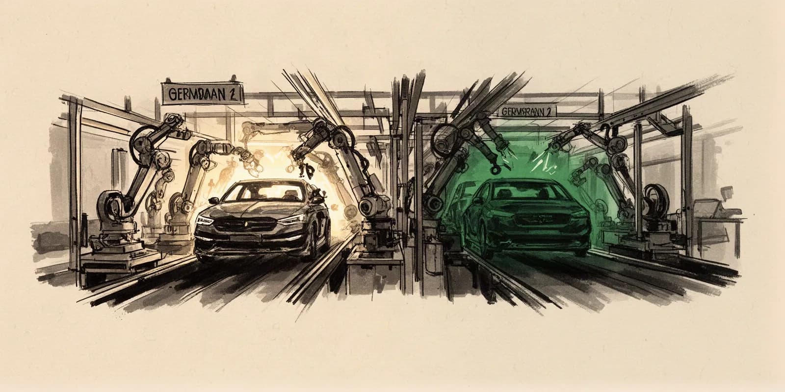 Produktionslinie deutscher Autohersteller symbolisiert sinkende Gewinnmargen in der Automobilindustrie
