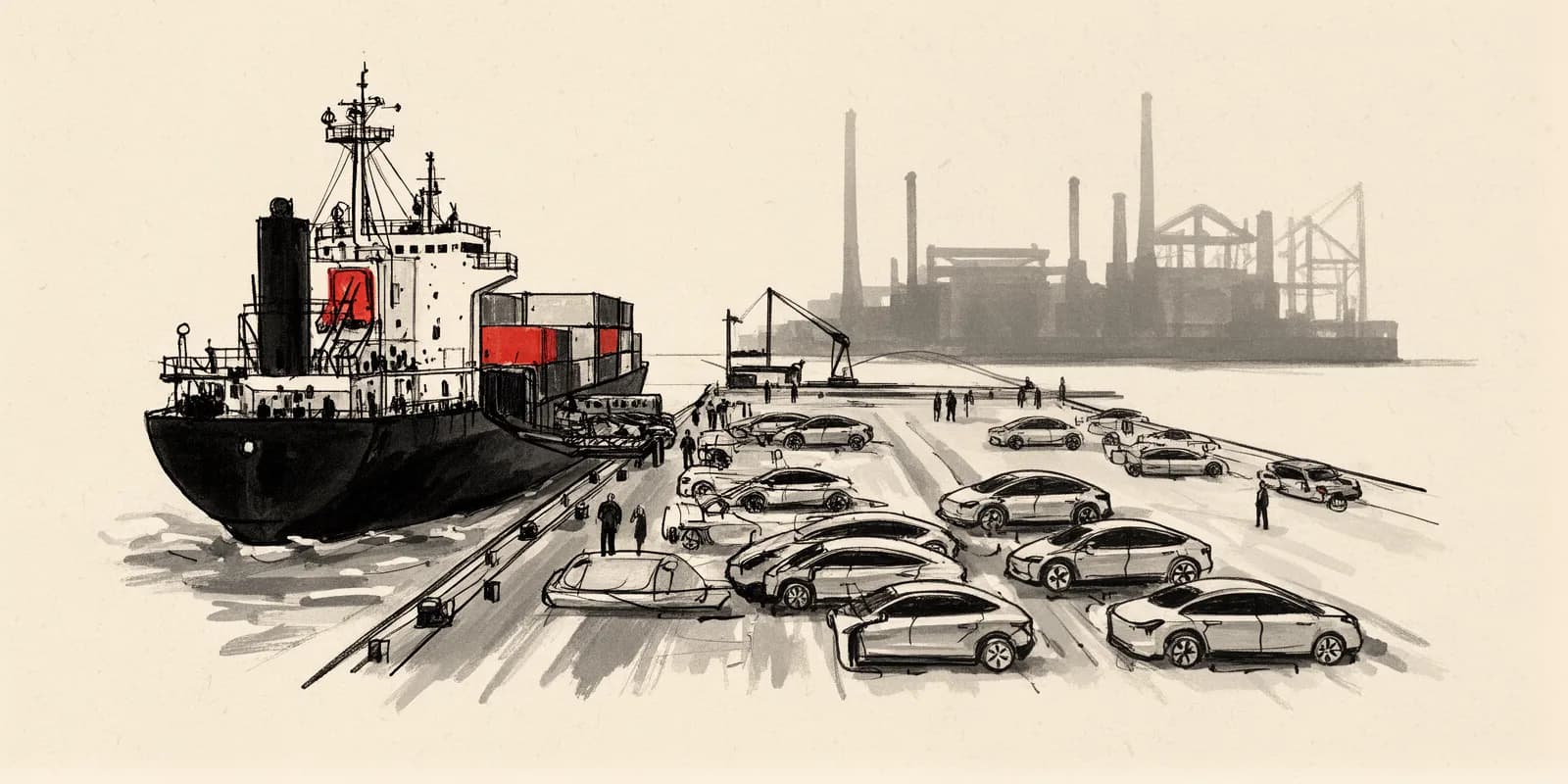 Container mit chinesischen Autoimporten am deutschen Hafen als Symbol fuer den Handelsbilanz-Wendepunkt