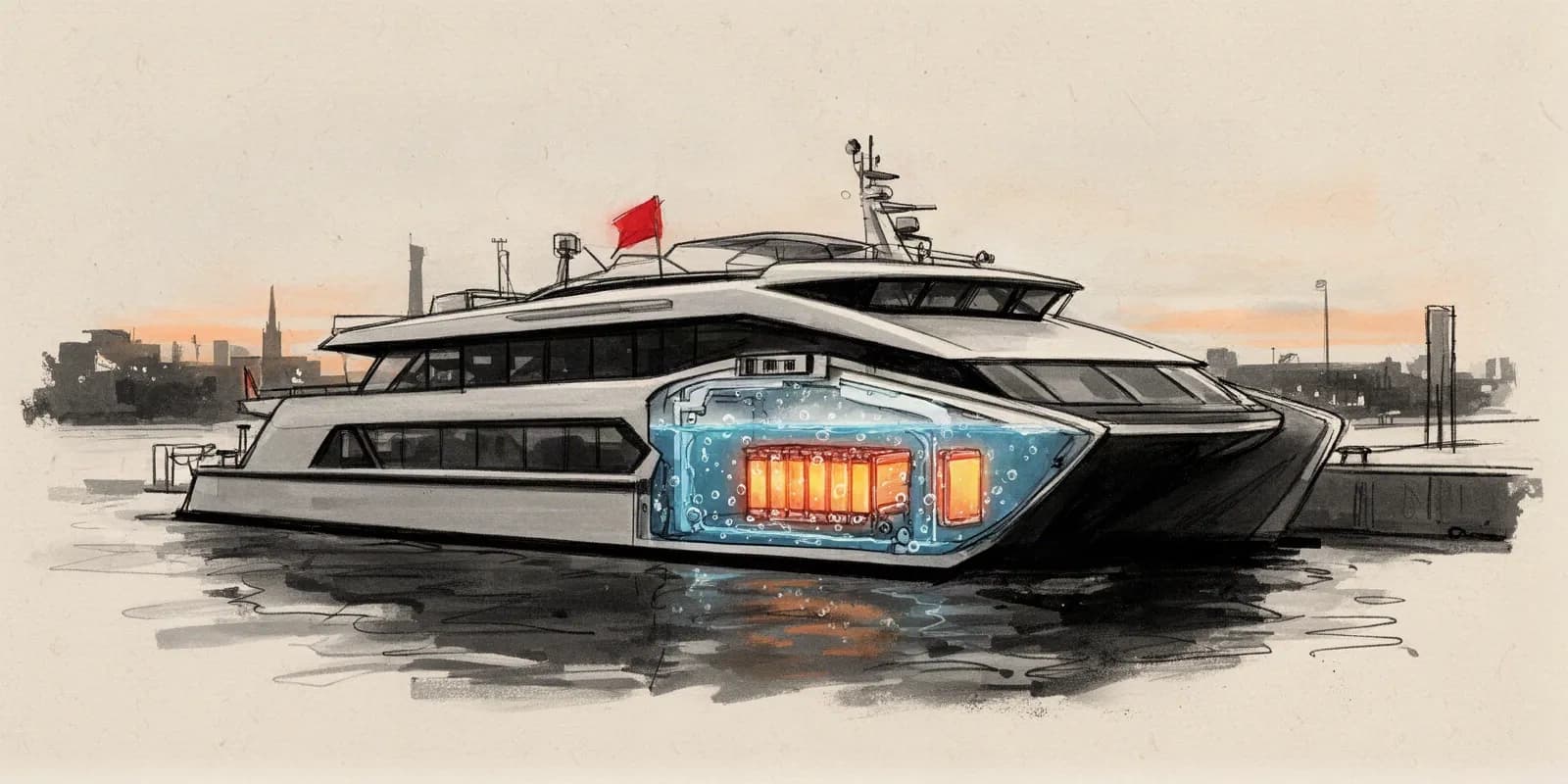 Elektroschiff mit immersionsgekühltem Batteriesystem im Hafen