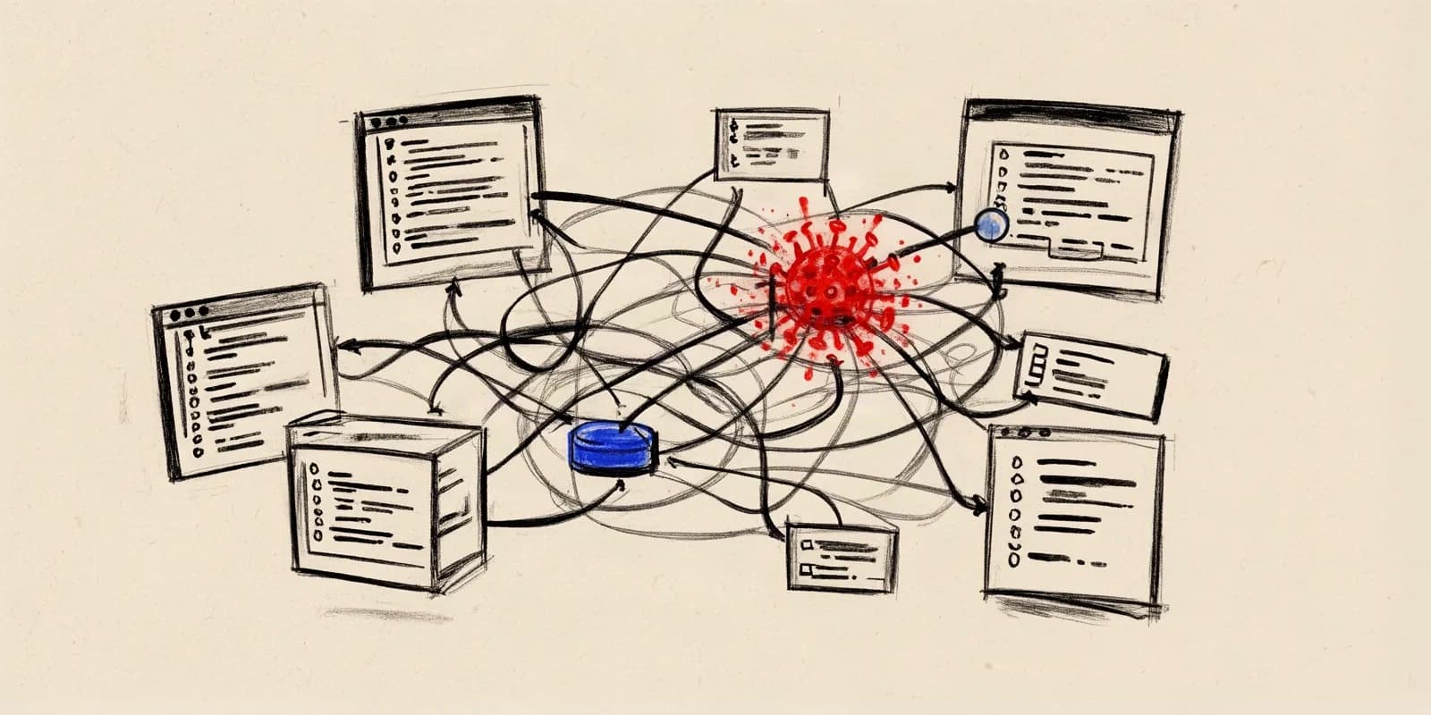 Digitales Netzwerk aus Softwarepaketen zeigt npm Sicherheitslücke durch Supply-Chain-Malware