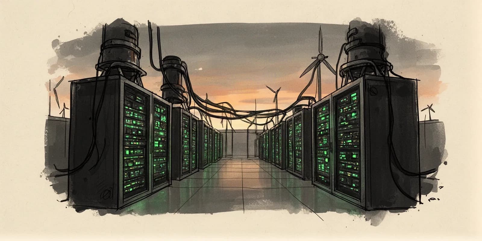 Rechenzentrum mit Serverreihen und Kühlungsanlagen als Symbol für KI-Infrastruktur in Deutschland