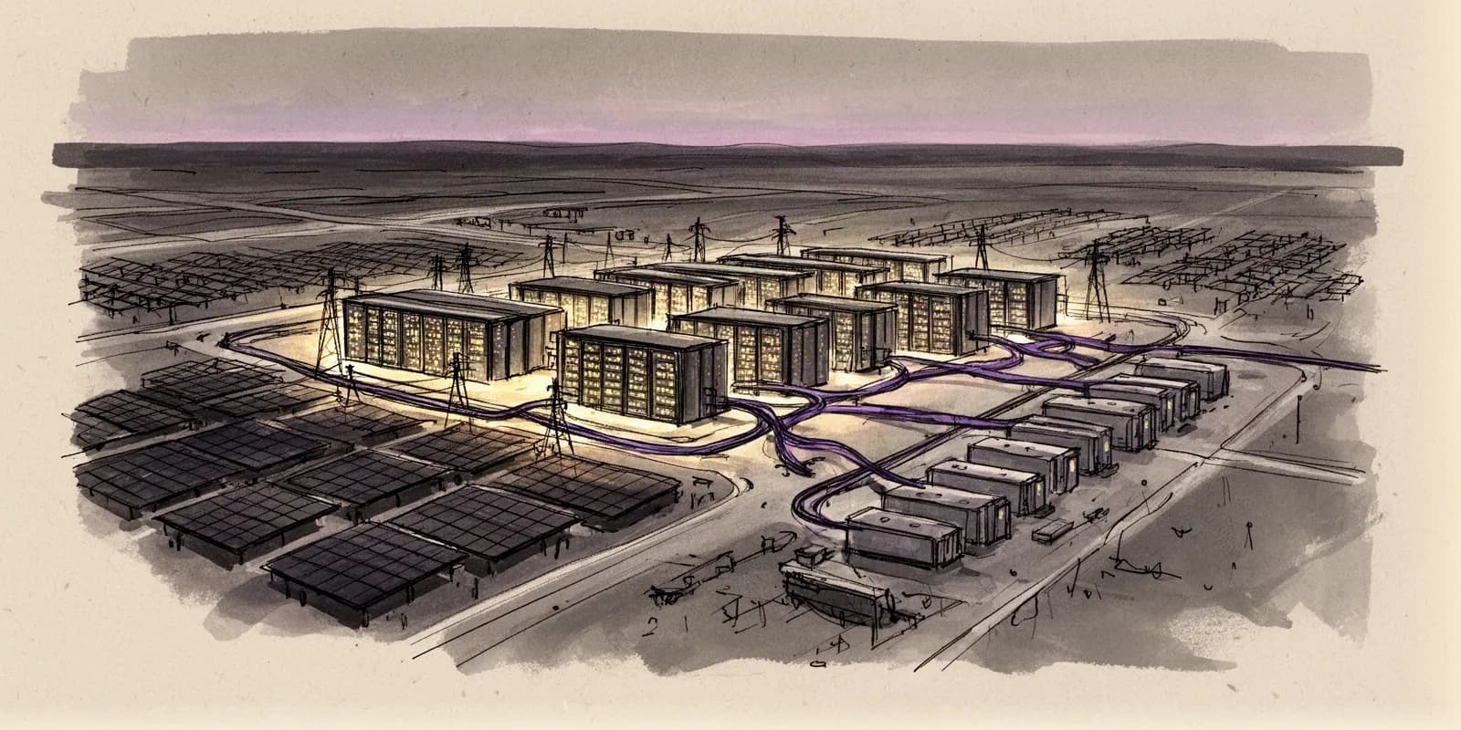 Rechenzentrum mit Energieinfrastruktur symbolisiert Investitionen in KI-Infrastruktur und Chancen für deutsche Startups