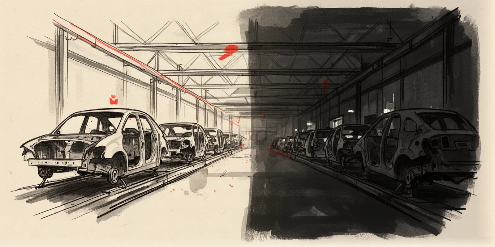 Volkswagen Werkshalle mit Fahrzeugkarosserien symbolisiert Sparmaßnahmen und Konzernumbau