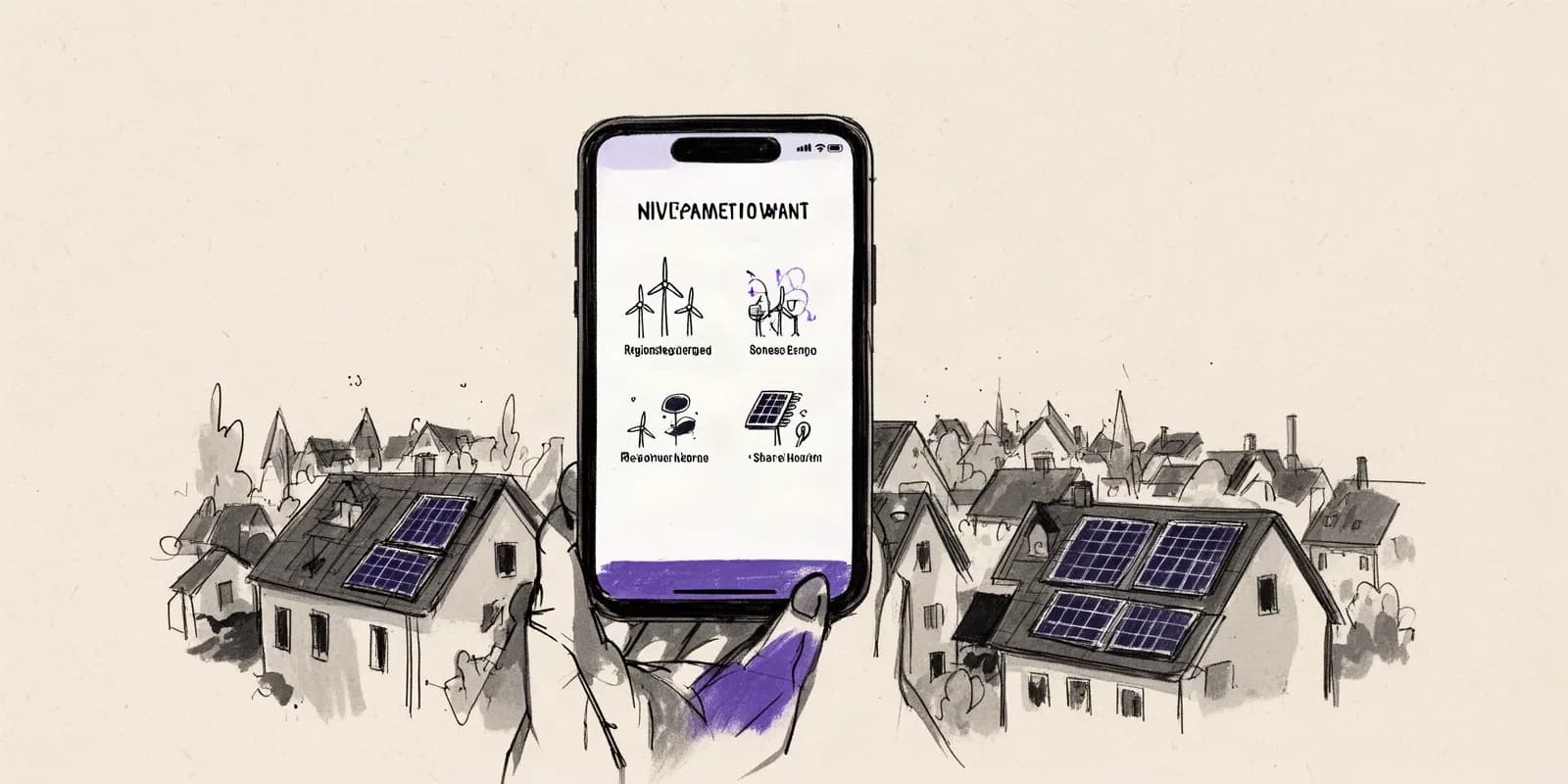 Smartphone mit Neobroker-App für Genossenschaftsanteile über einer Stadt mit Solaranlagen