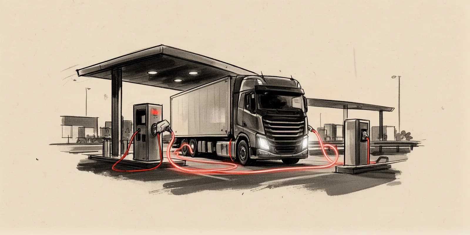 Elektro-Lkw mit hoher Reichweite lädt an einer Megawatt-Ladestation im Fernverkehr