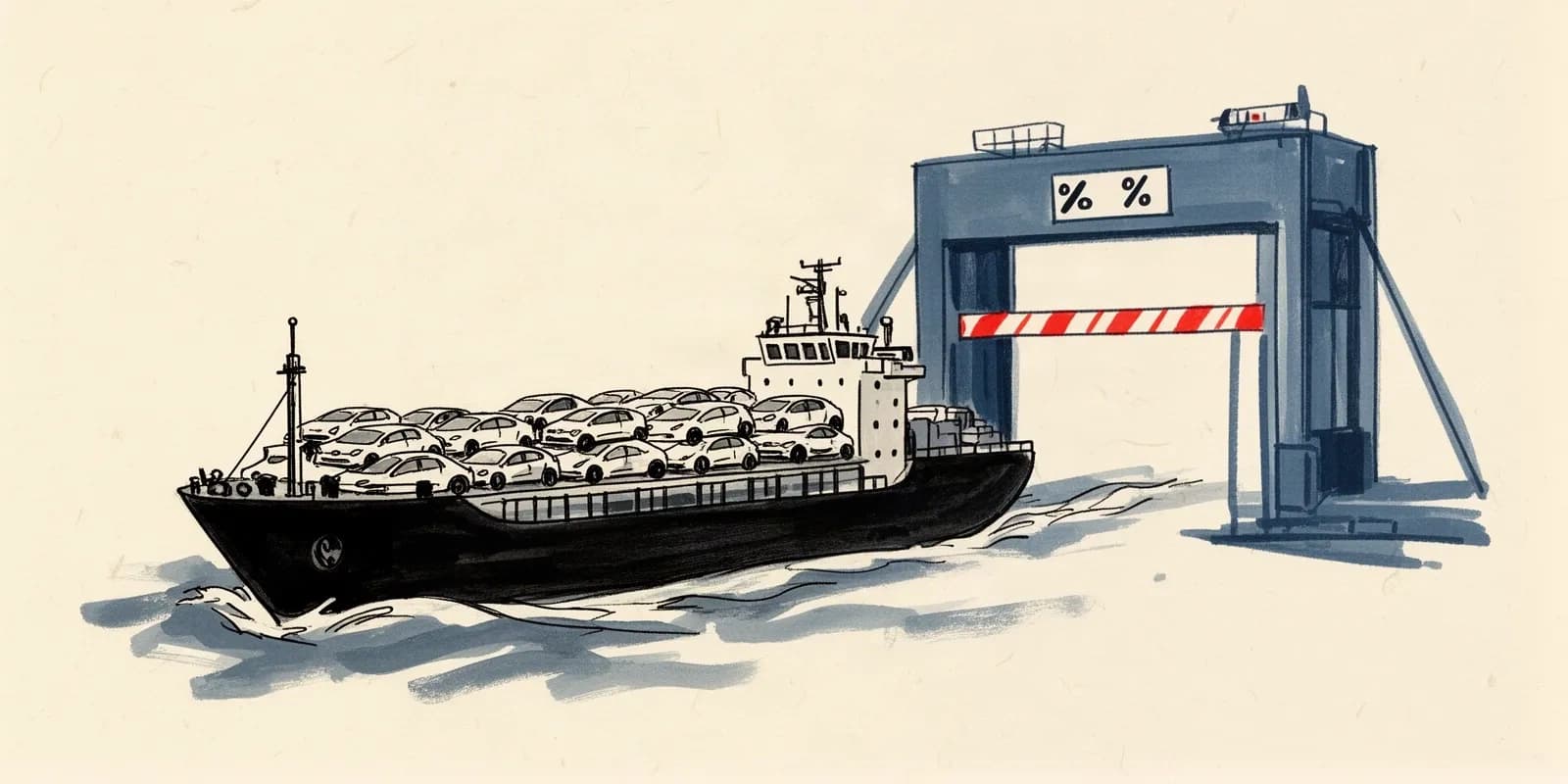 Frachtschiff mit Hybridautos vor Zollschranke symbolisiert EU-Exportquote für chinesische Hybridautos