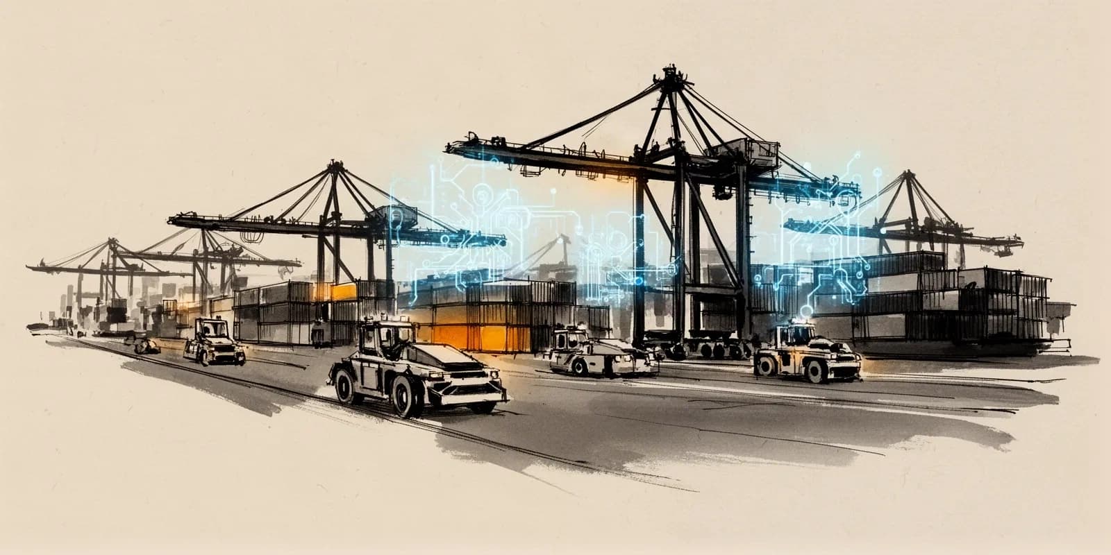 Automatisierter Containerhafen mit KI-gesteuerten Kränen als Symbol für Hapag-Lloyd ZIM Übernahme und digitale Hafenlogistik