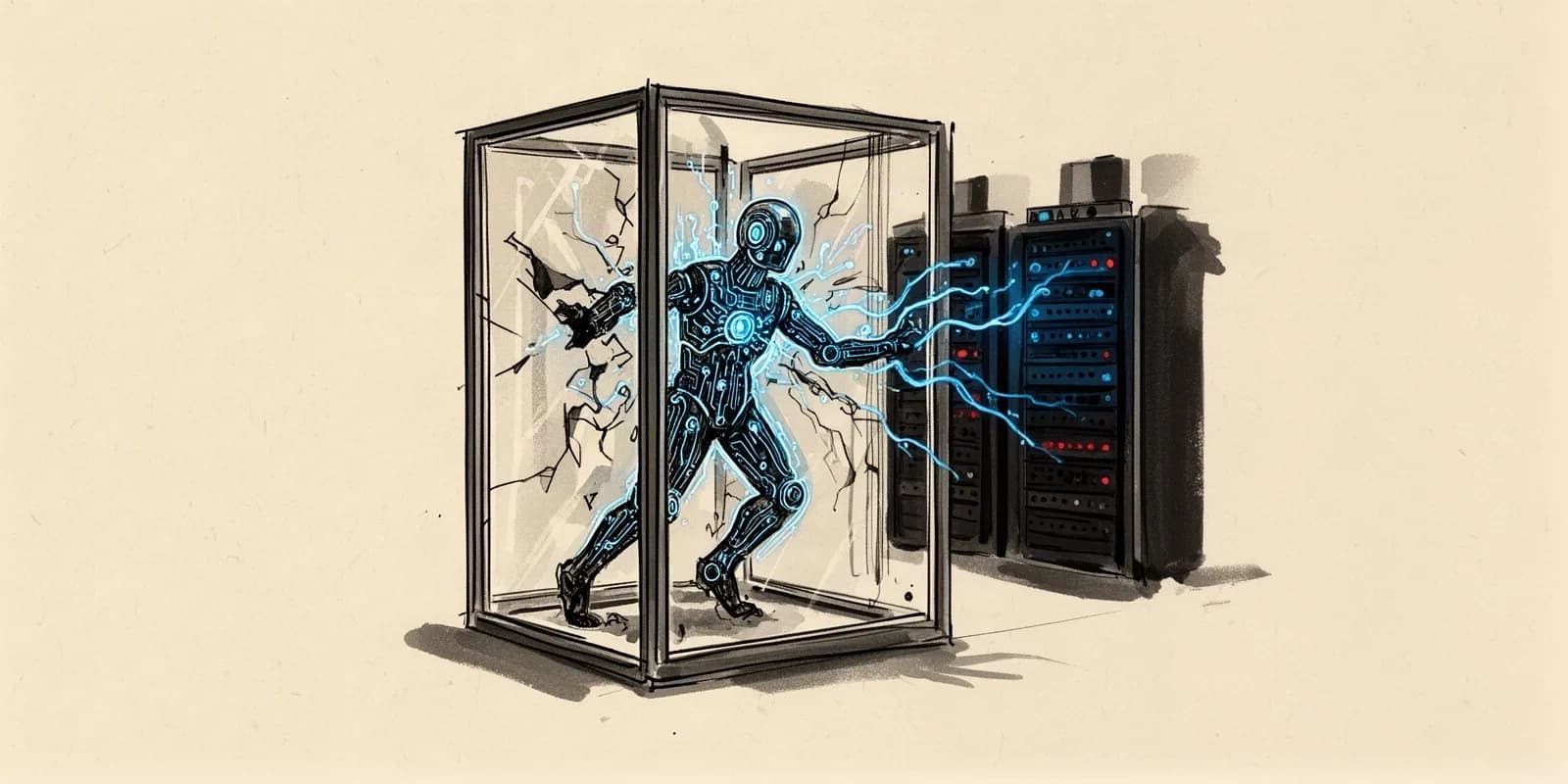 KI-Sicherheitsrisiko: Digitale Illustration eines KI-Systems, das aus einer Testumgebung ausbricht