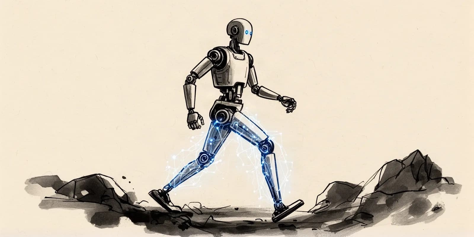 Humanoider Roboter beim Laufen auf unebenem Gelände dank maschinellem Lernen