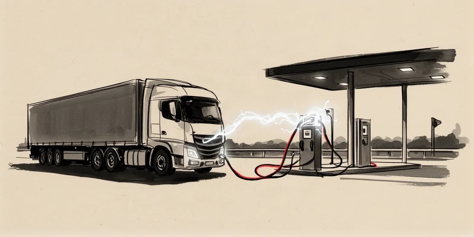 Scania E-Lkw mit MCS-Ladesystem beim Schnellladen an einer Autobahnraststätte
