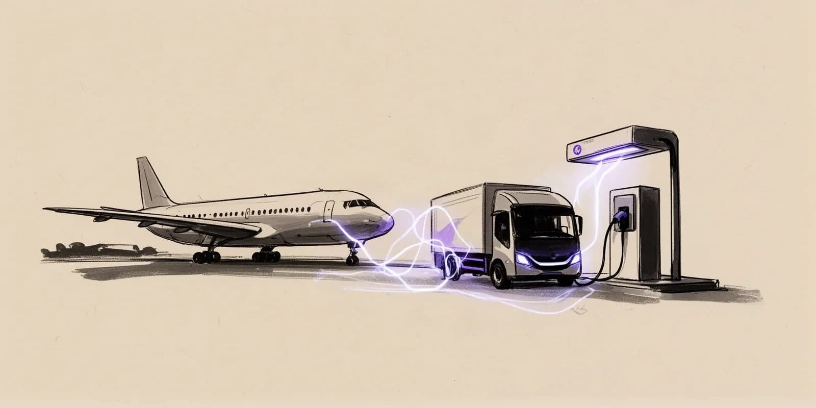 Frachtflugzeug und E-Lkw-Ladestation symbolisieren europäische Energiewende- und Logistik-Startups wie Bluelight und kW-Solutions