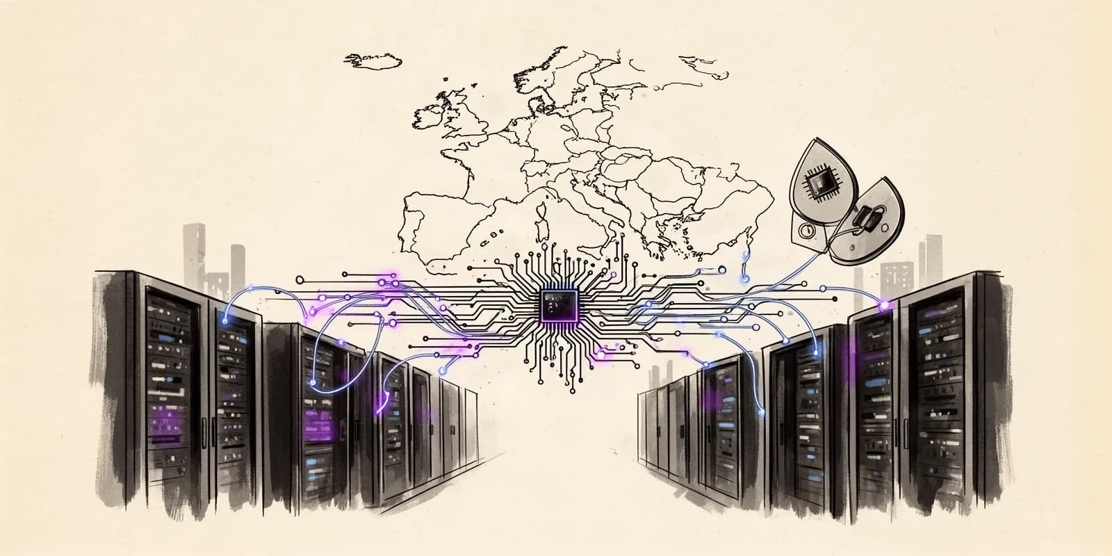 Optische Netzwerkverbindungen symbolisieren die Finanzierung europäischer Halbleiter-Startups wie CScale durch Intel und Nvidia