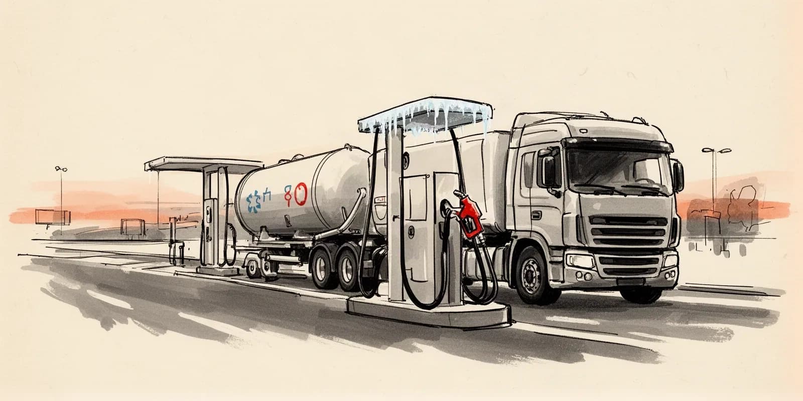 Wasserstoff-Lkw beim Tanken an einer H2-Tankstelle im Schwerlastverkehr