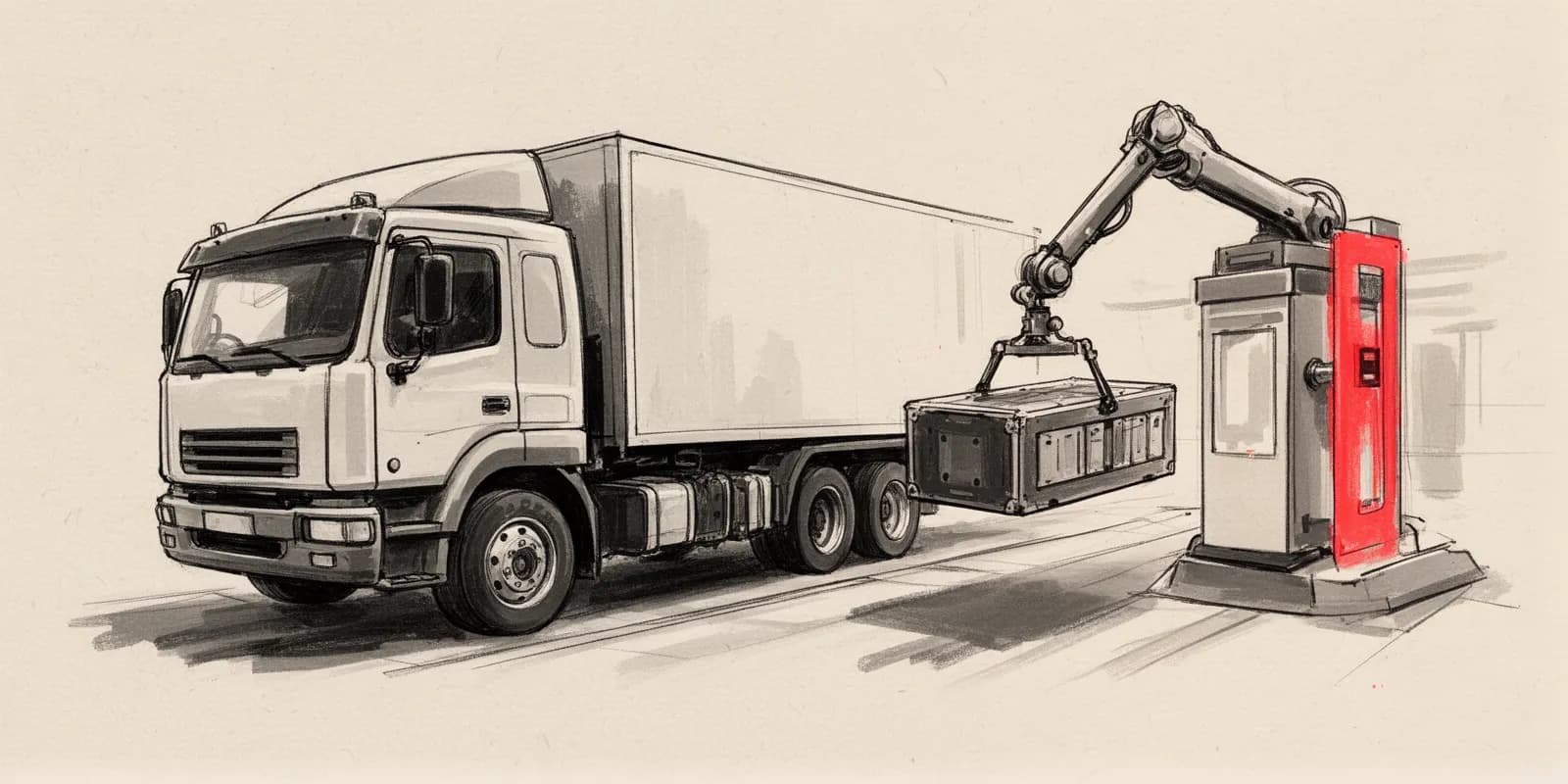 Automatisierter Batteriewechsel an einem E-Lkw in einer Logistik-Wechselstation