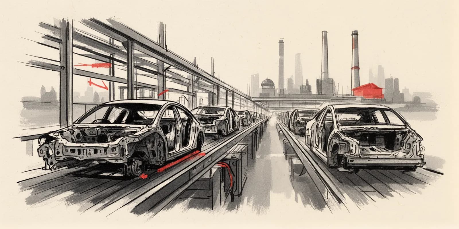 Produktionshalle für Elektroautos in Osteuropa als Symbol für die Strategie der deutschen Autoindustrie gegen chinesische E-Auto-Konkurrenz