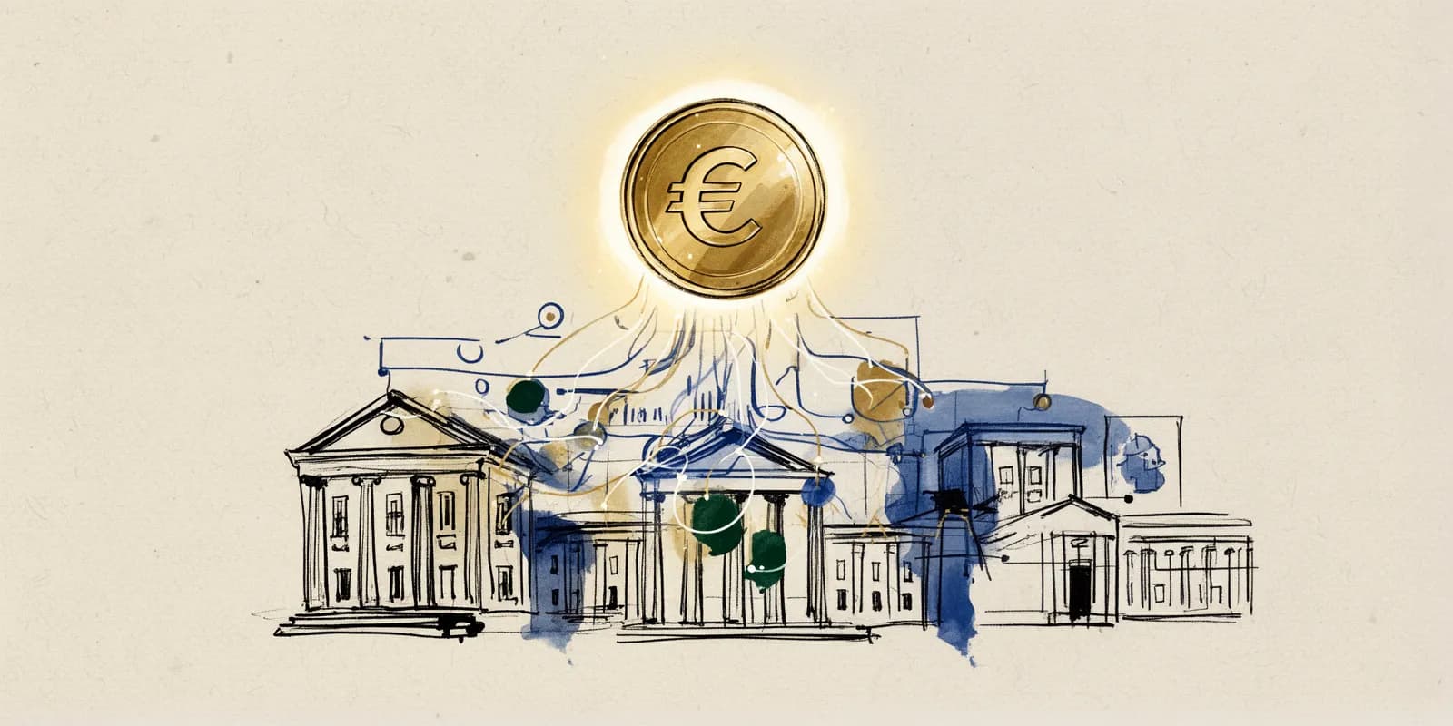 Digitaler Euro symbolisiert als vernetztes Zahlungssystem zwischen europäischen Banken
