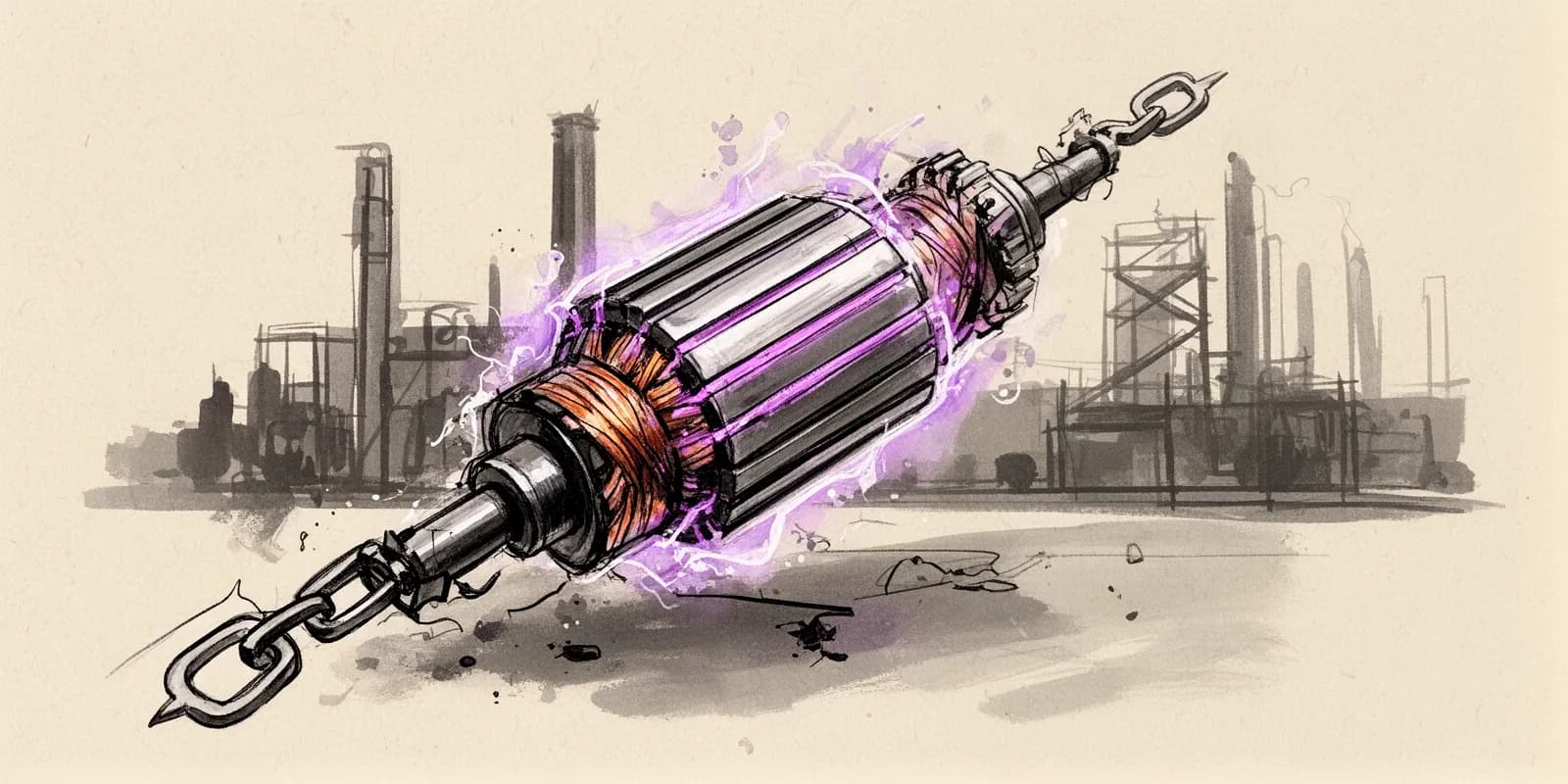 Elektromotor ohne Seltene Erden mit Kupferspulen und Stahlrotor in einer Fabrikumgebung