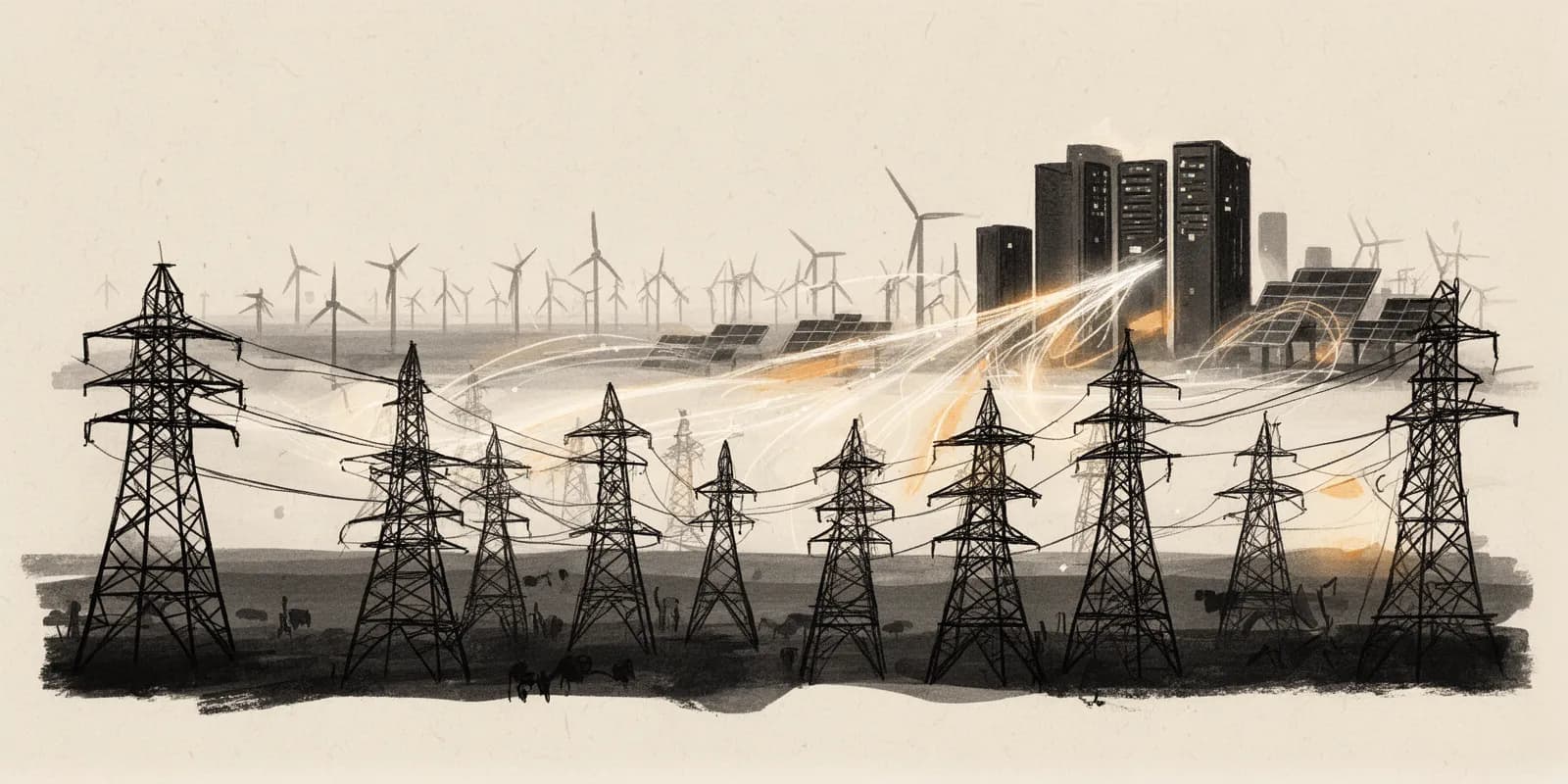 Stromnetz und Windkraftanlagen symbolisieren steigende Strompreise durch KI-Boom bei E.ON und RWE