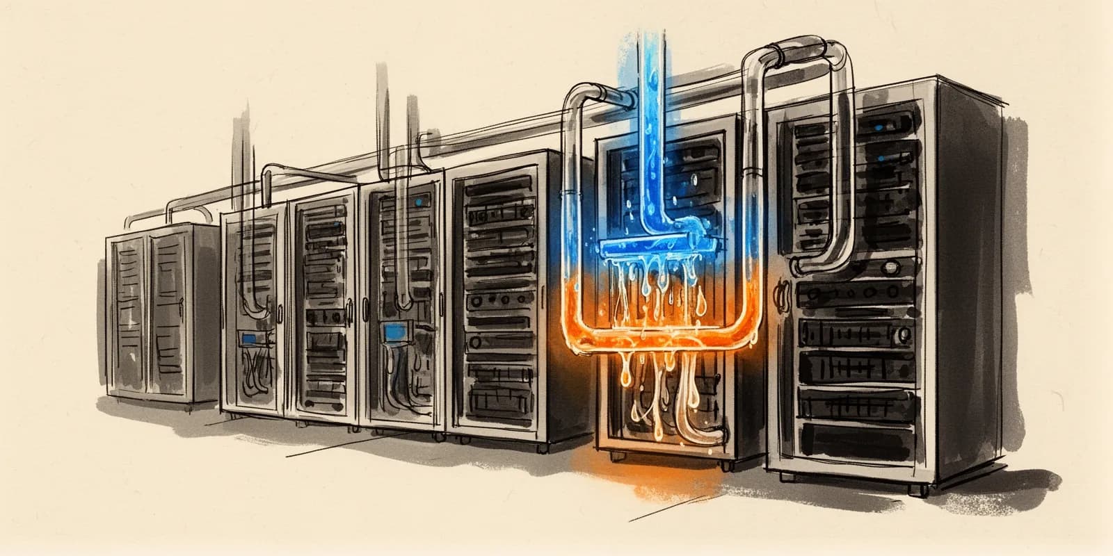 Flüssigkeitskühlung in einem KI-Rechenzentrum mit Kühlrohren an Serverracks