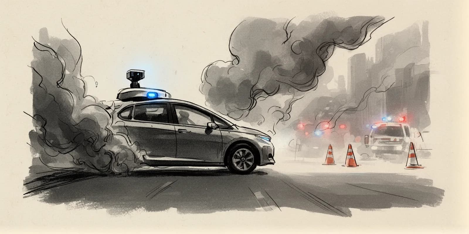 Robotaxi steht vor Rauchschwaden auf einer Straße, Symbolbild für Softwarefehler bei autonomen Fahrzeugen