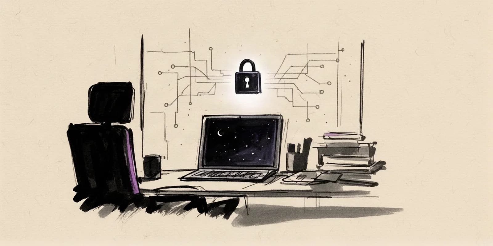 Symbolbild fuer Cybersicherheit in Startups mit digitalem Schloss ueber einem Laptop