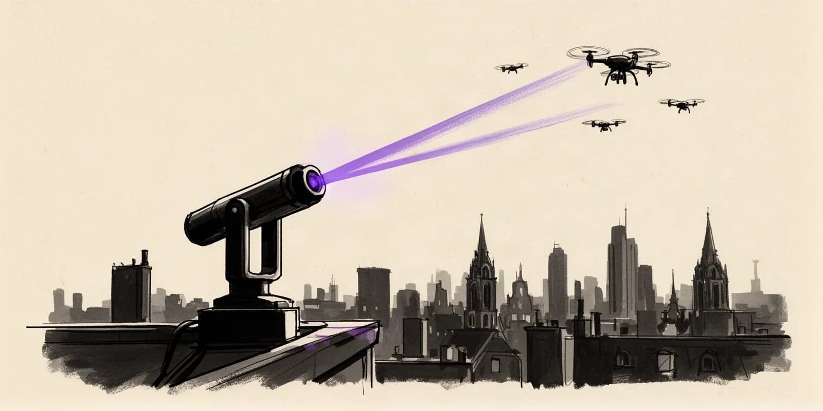 Laserbasiertes Drohnenabwehr-System scannt den Nachthimmel als Symbol fuer wachsende Drohnenabwehr-Startups