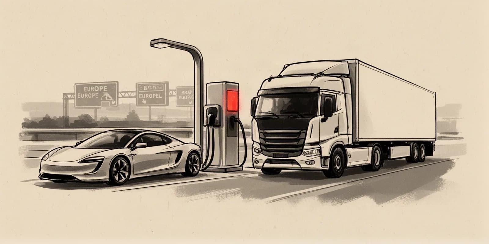 Tesla Roadster und Tesla Semi als Symbol für Elektromobilität in Europa