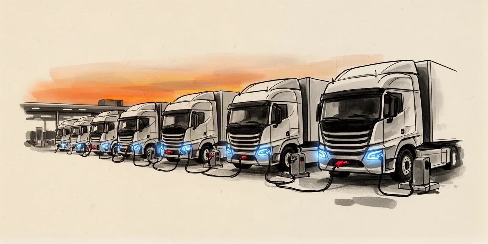 Elektro-Lkw-Flotte beim Laden an einem Logistikdepot
